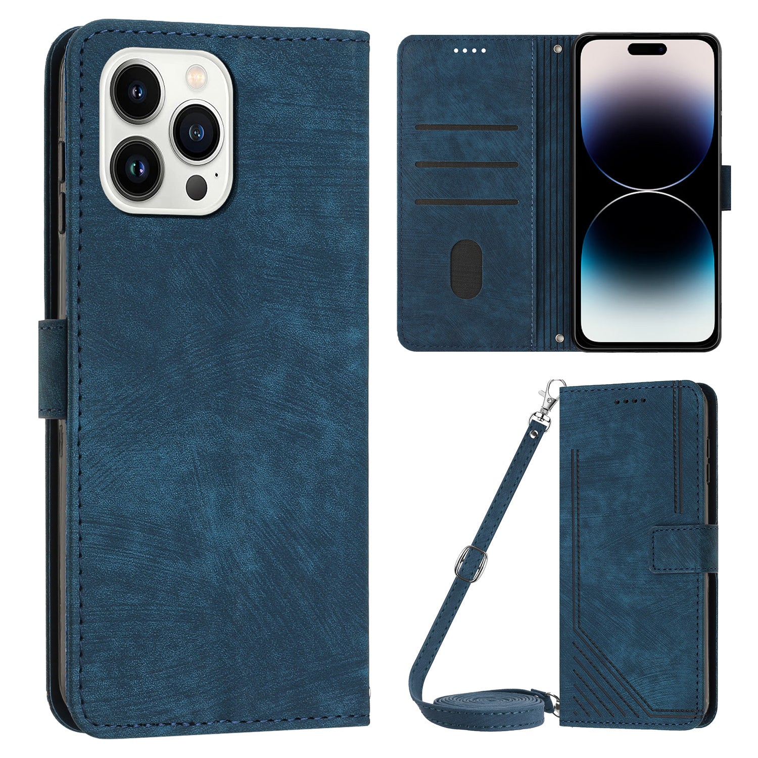 For iPhone 14 Pro Max Wallet Phone Case PU Leather Stand Lines Imprinted Phone Cover with Shoulder Strap For iPhone 14 Pro Max Wallet Phone Case PU Leather Stand Lines Imprinted Phone Cover with Shoulder Strap